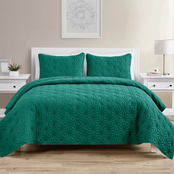 VCNY Home Kaleidoscope 3-Piece Green Geometric Polyester Quilt Set, Full Queen