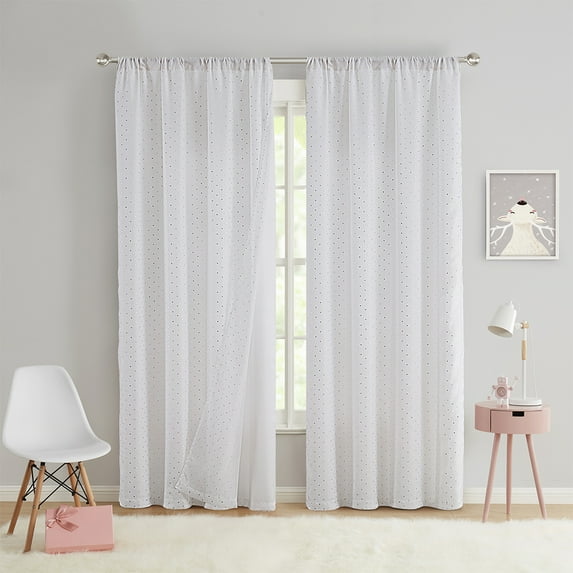 VCNY Home Kids Ellie White Room Darkening with Sheer Metallic Overlay Curtain, 52" x 95"