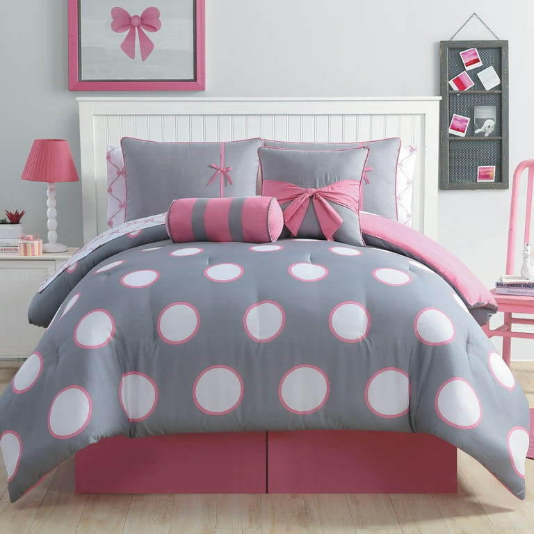 VCNY Home Kids' Sophie 8-Piece Grey/Pink Polka Dot Polyester Bed