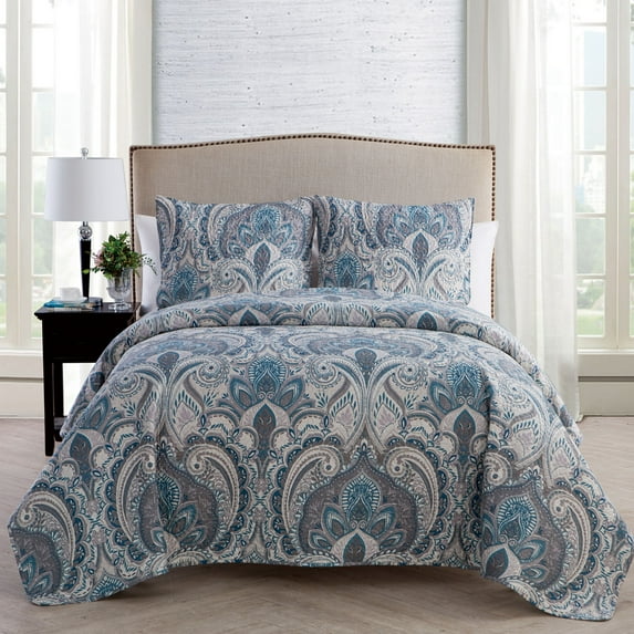 VCNY Home Lawrence 3-Piece Blue Damask Quilt Set, Full/Queen, Adult, Unisex