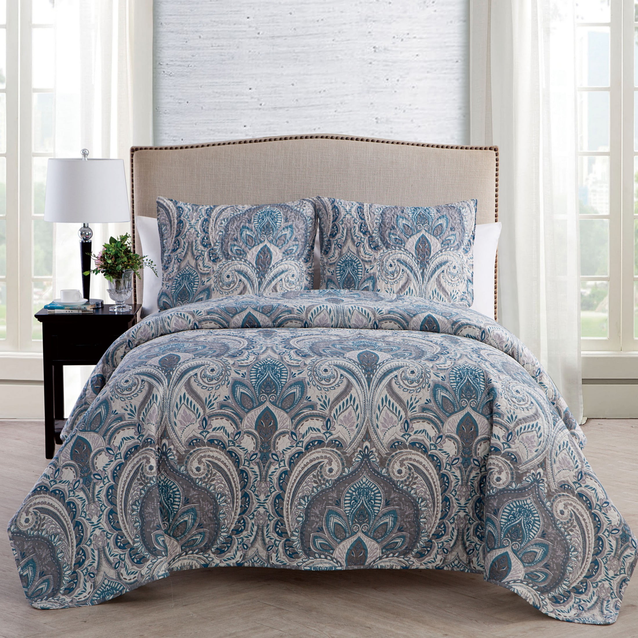 Vcny Home Lawrence 3-piece Blue Damask Quilt Set, Full Queen - Walmart.com