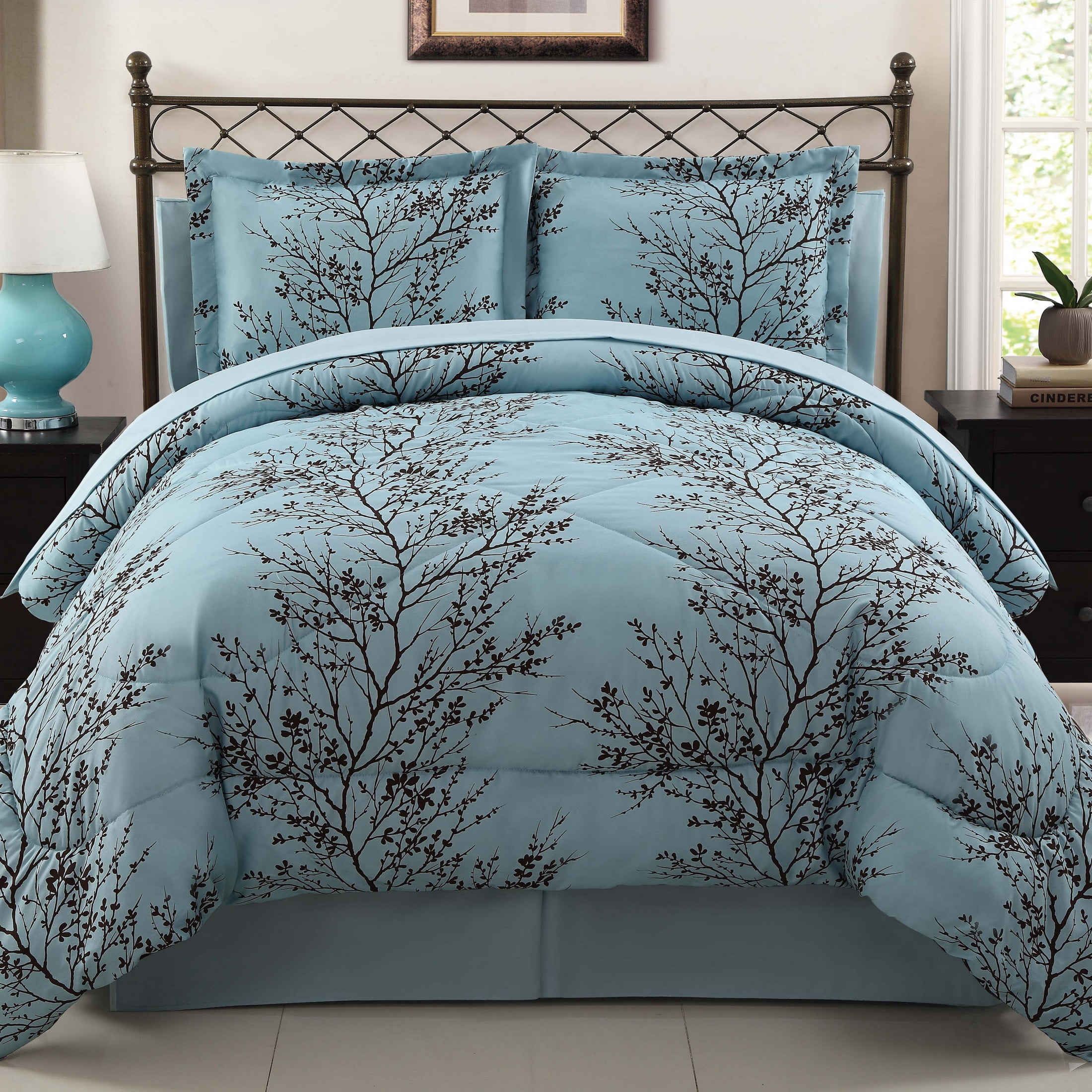 Queen Blue and Chocolate Floral Microfiber Bed in a Bag Set