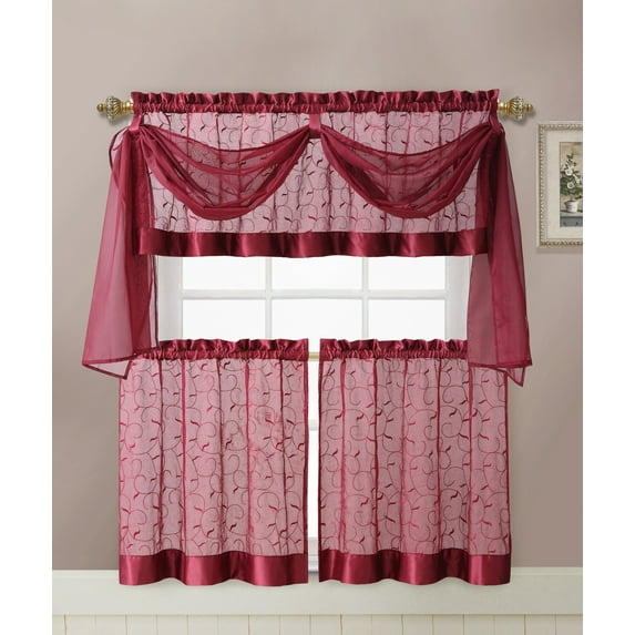 VCNY Home Linen Leaf Embroidered Complete Kitchen Curtain Set - Burgundy