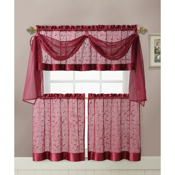 VCNY Home Linen Leaf Embroidered Complete Kitchen Curtain Set - Burgundy