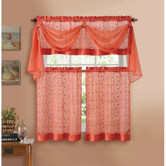 VCNY Home Linen Leaf Embroidered Complete Kitchen Curtain Set - Orange
