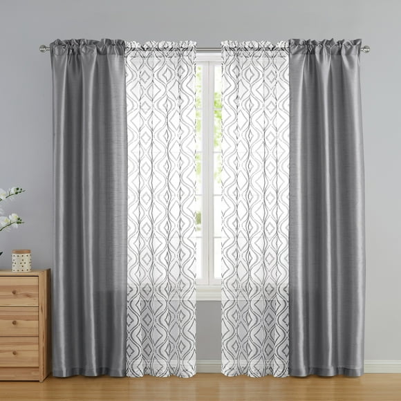 VCNY Home Morgan 4-Piece Grey Geometric Sheer Curtain Panel Set, 28" x 84"