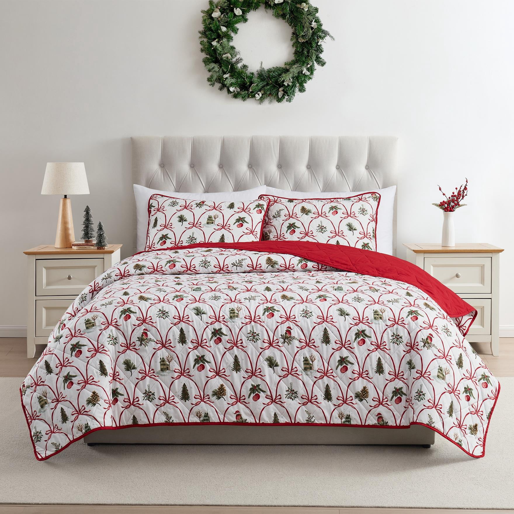 VCNY Home Multi Christmas Bow 3-Piece Adult Microfiber Quilt Set, Full/Queen
