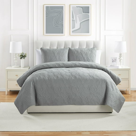 VCNY Home Ocean Coastal 3-Piece Grey Textured Seashell Quilt Set, Full/Queen, Adult, Unisex