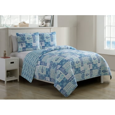 VCNY Home Patchwork Sealife 3-Piece Blue Reversible Quilt Set, King, Adult, Unisex