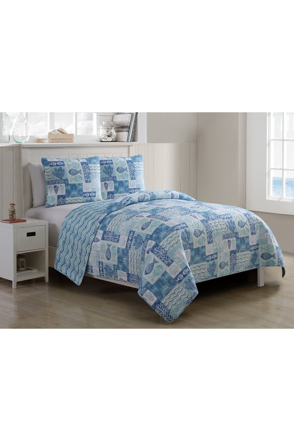 Patchwork Sealife 3-Piece Blue Reversible Quilt Set, King, Adult, Unisex
