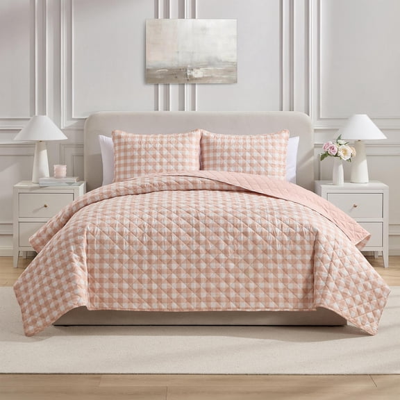VCNY Home Pink Gingham 3-Piece Adult Microfiber Quilt Set, Full/Queen