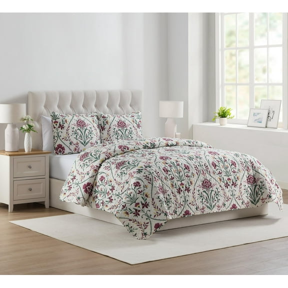 VCNY Home Province 3-Piece Coconut Milk Floral Damask Printed Quilt Set, Full/Queen