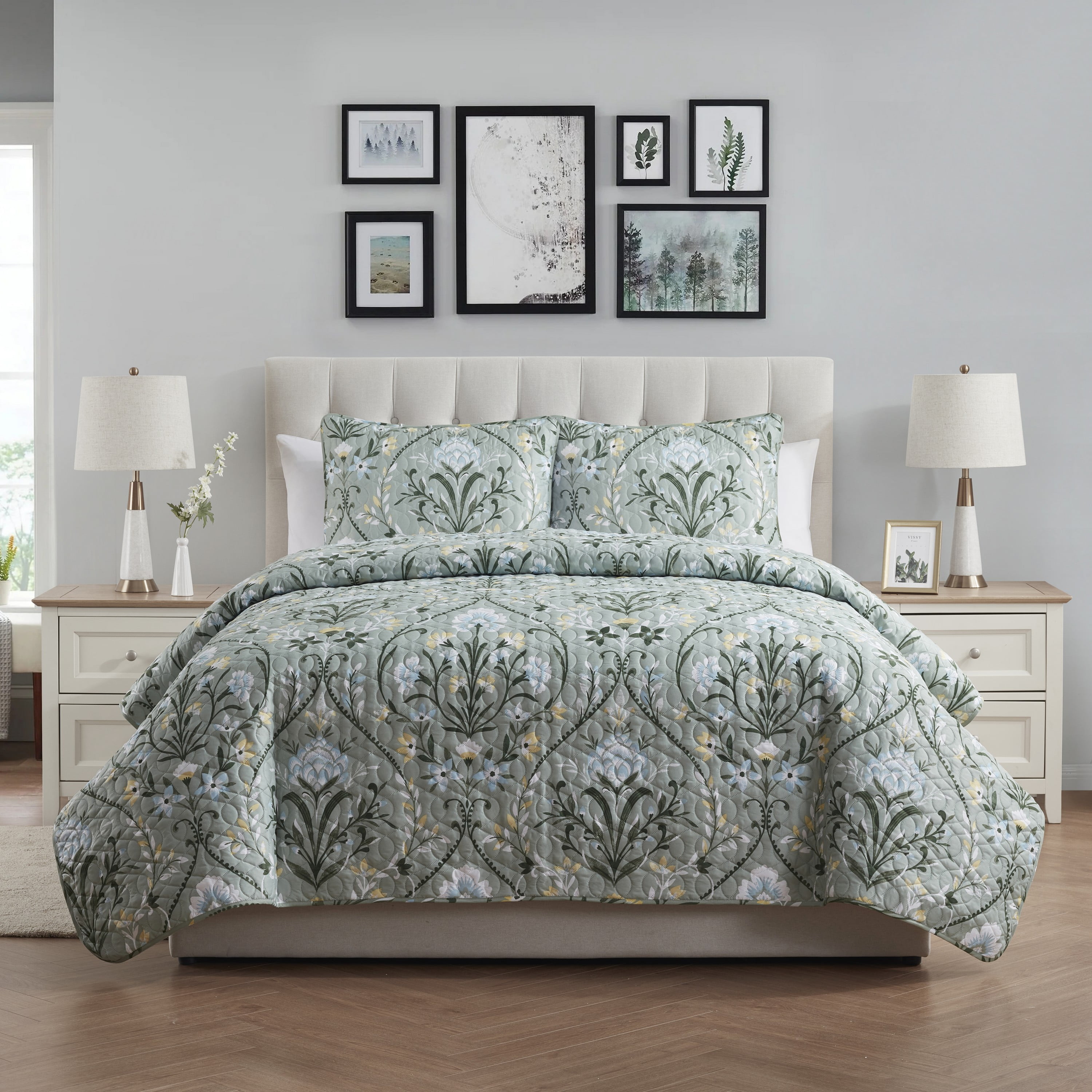 Full Blue Microfiber Floral Damask Quilt Set