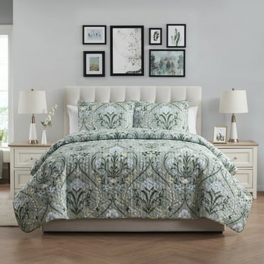 VCNY Home Province 3-Piece Green Floral Damask Printed Quilt Set, Full/Queen, Adult, Unisex