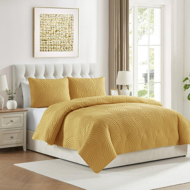 VCNY Home Sands 3-Piece Gold Textured Curve Striped Pinsonic Quilt Set ...