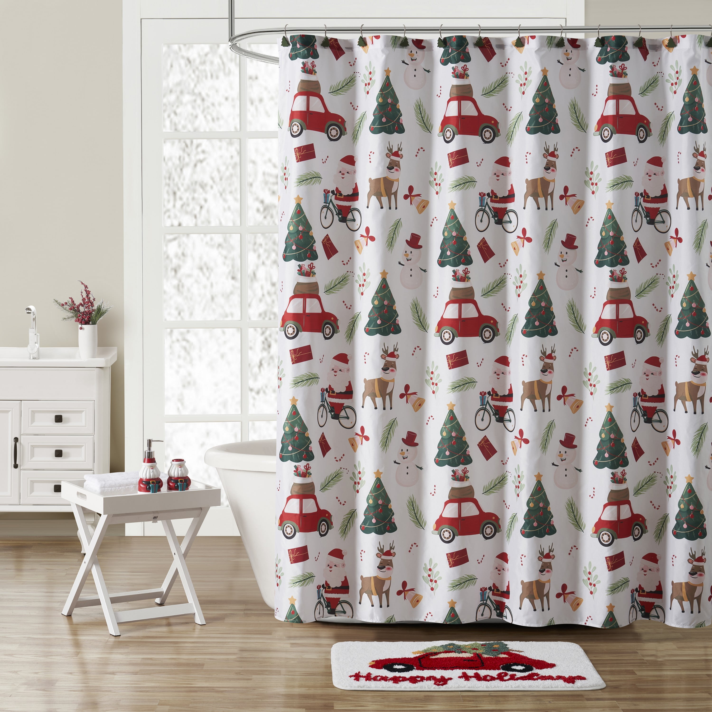 Festive Christmas Santa Snowman Holiday Shower Curtain Set