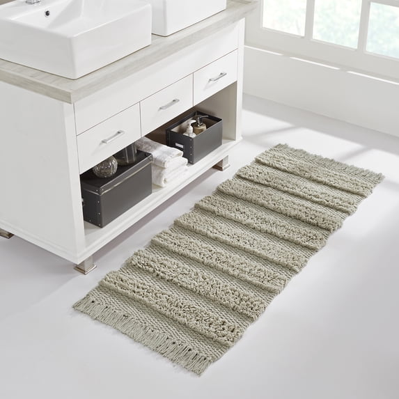 VCNY Home Savannah Fringe Taupe Stripe Cotton Blend Bath Runner Rug, 24" x 60"