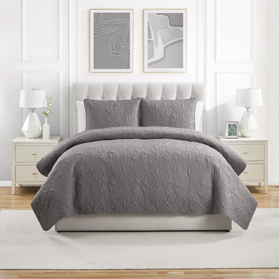 VCNY Home Seashell Coastal 3-Piece Grey Textured Seashell Quilt Set, Full/Queen, Adult, Unisex