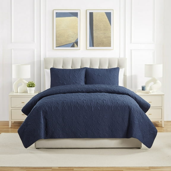 VCNY Home Seashell Coastal 3-Piece Navy Textured Seashell Quilt Set, Full/Queen, Adult, Unisex