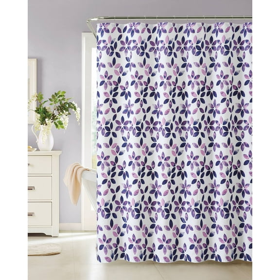 VCNY Home Shabby Watercolor Floral Leaves 100% Cotton Fabric Shower Curtain - Purple