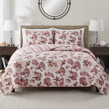 VCNY Home Shell Treasure 3-Piece Coral/Blush Sea Shell Reversible Quilt Set, Full/Queen, Adult, Unisex