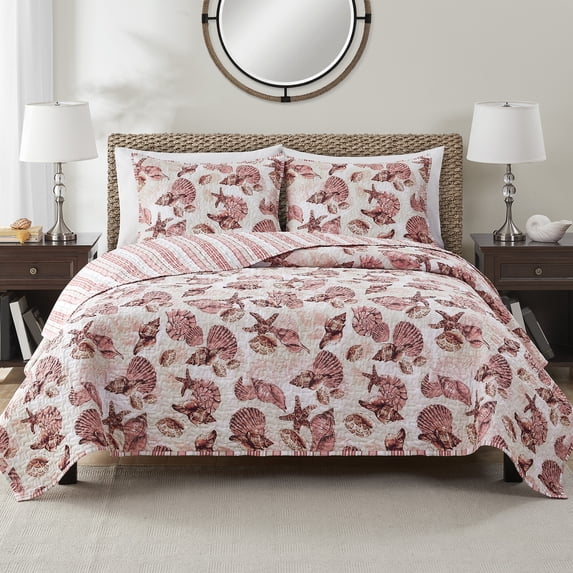 VCNY Home Shell Treasure 3-Piece Coral/Blush Sea Shell Reversible Quilt Set, King, Adult, Unisex