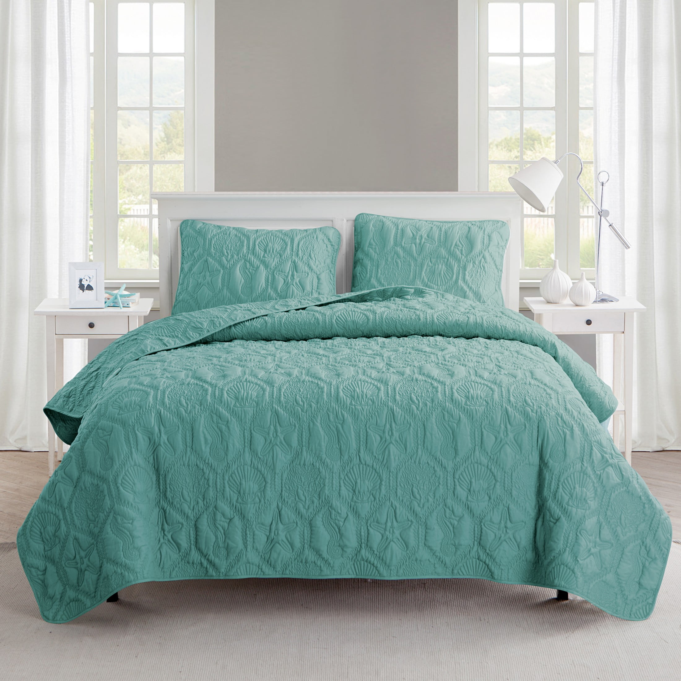 Full Blue Reversible Microfiber Quilt Set