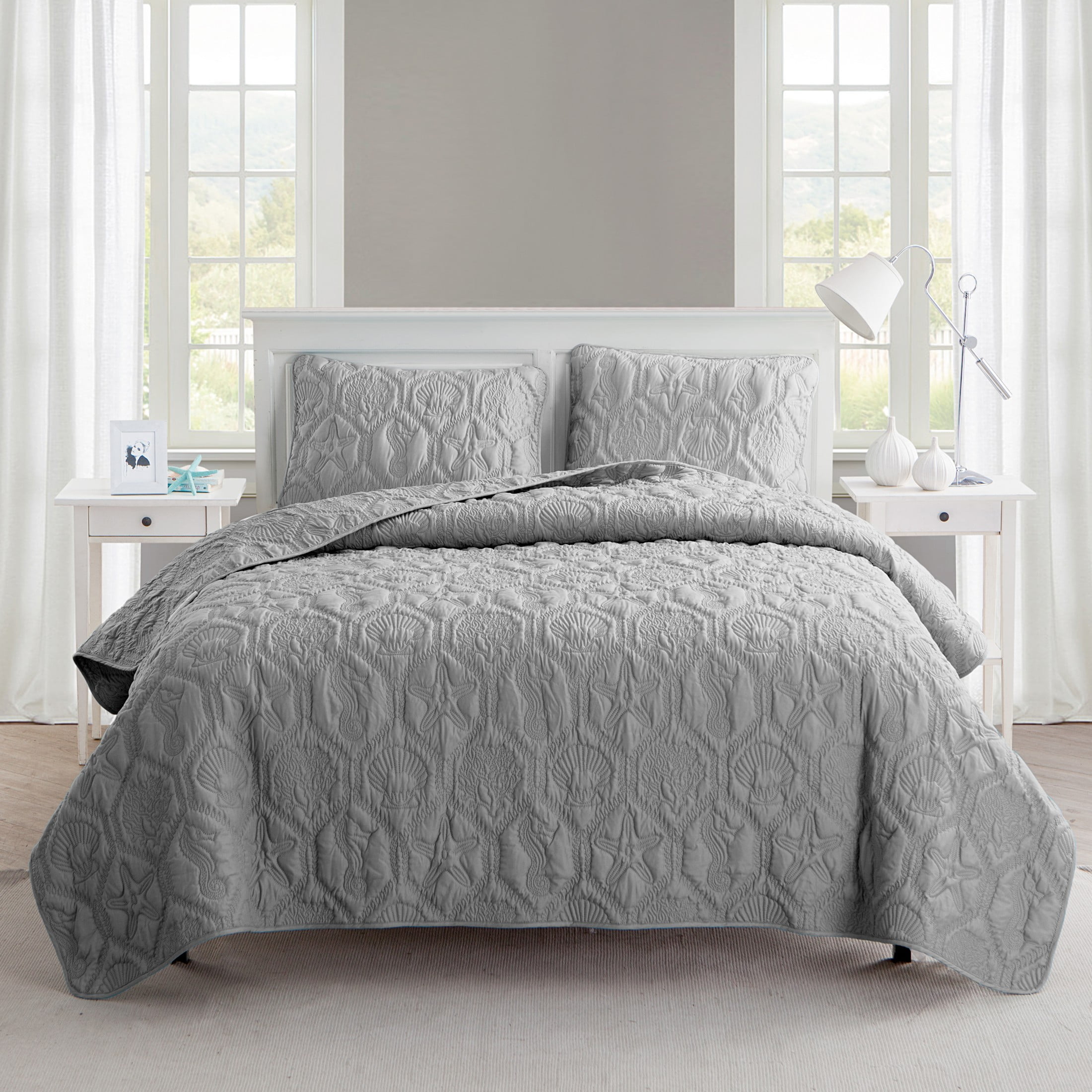 Gray Full Organic Microfiber Reversible Quilt Set