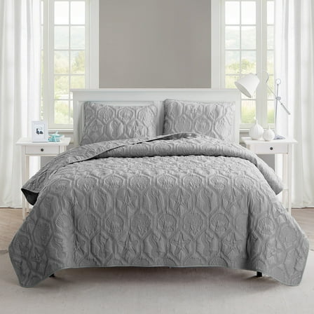 VCNY Home Shore Coastal 3-Piece Grey Textured Sealife Quilt Set, Queen, Adult, Unisex