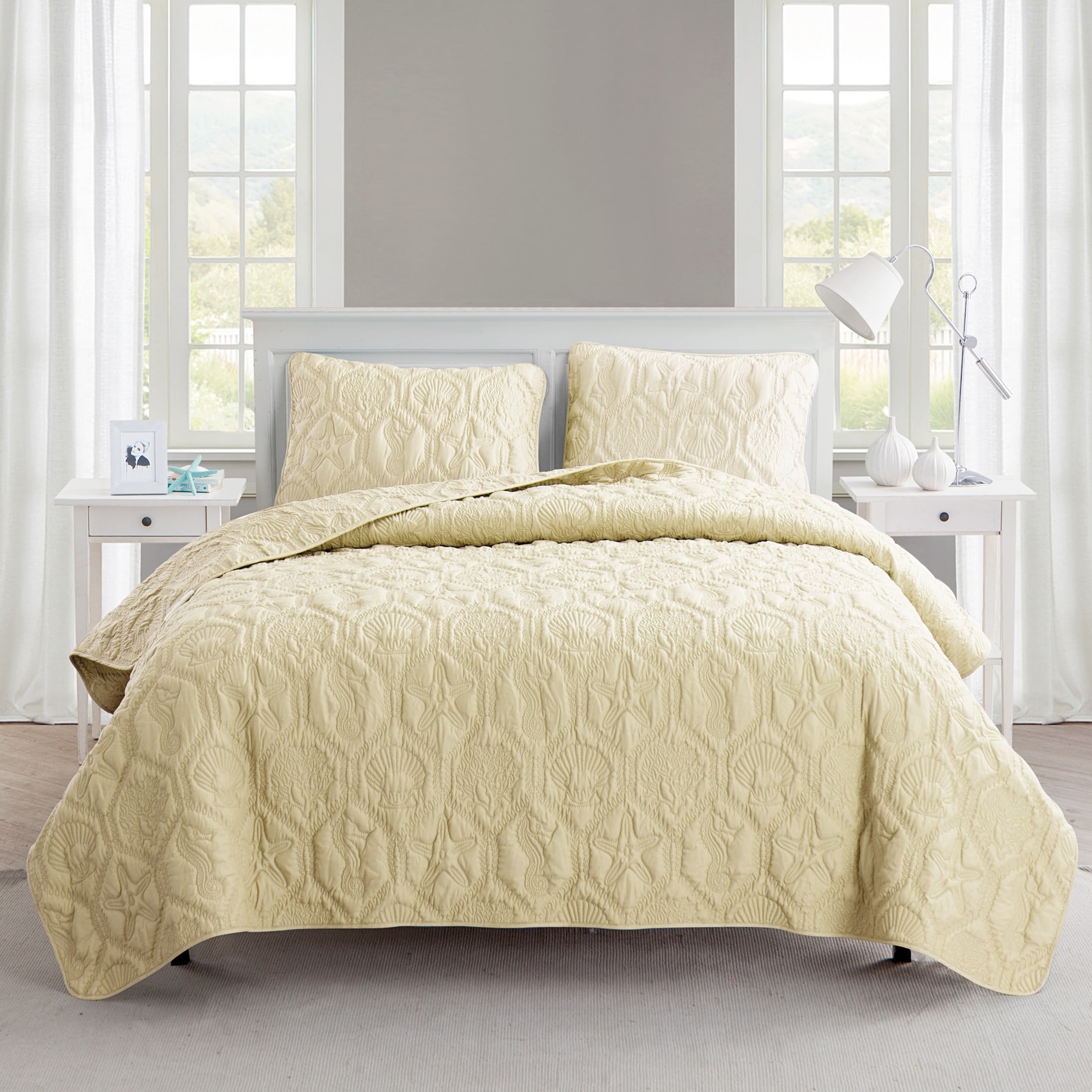 Tan Microfiber Coastal Full Quilt Set with Embossed Sea Life Pattern
