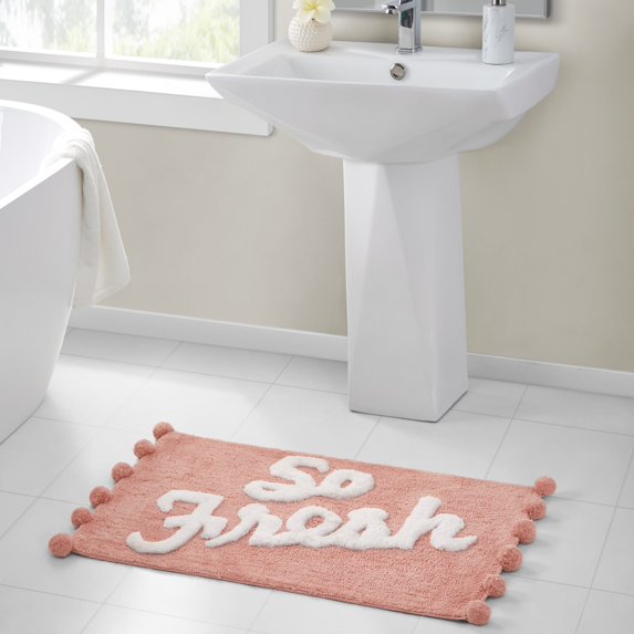 VCNY Home So Fresh Pom Pom Typography Blush Polyester Bath Rug, 20" x 32"
