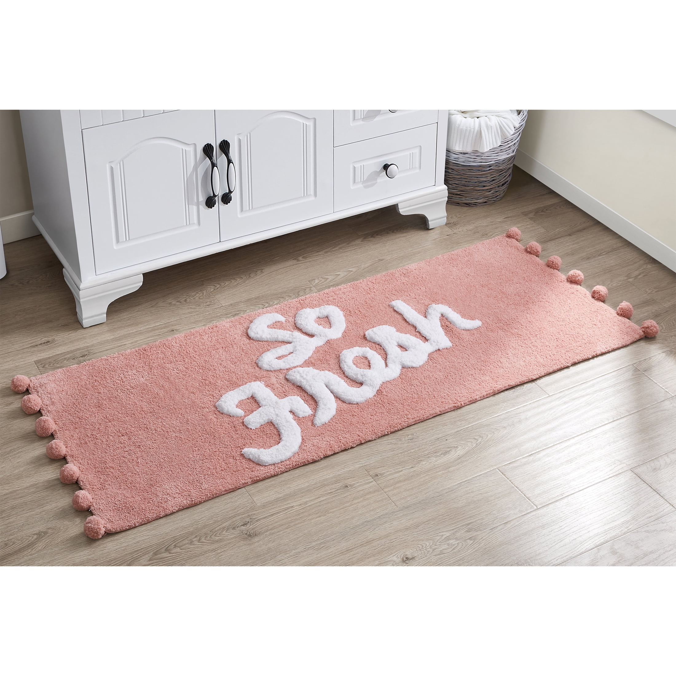 VCNY Home So Fresh Pom Pom Typography Blush Polyester Bath Rug, 24" x