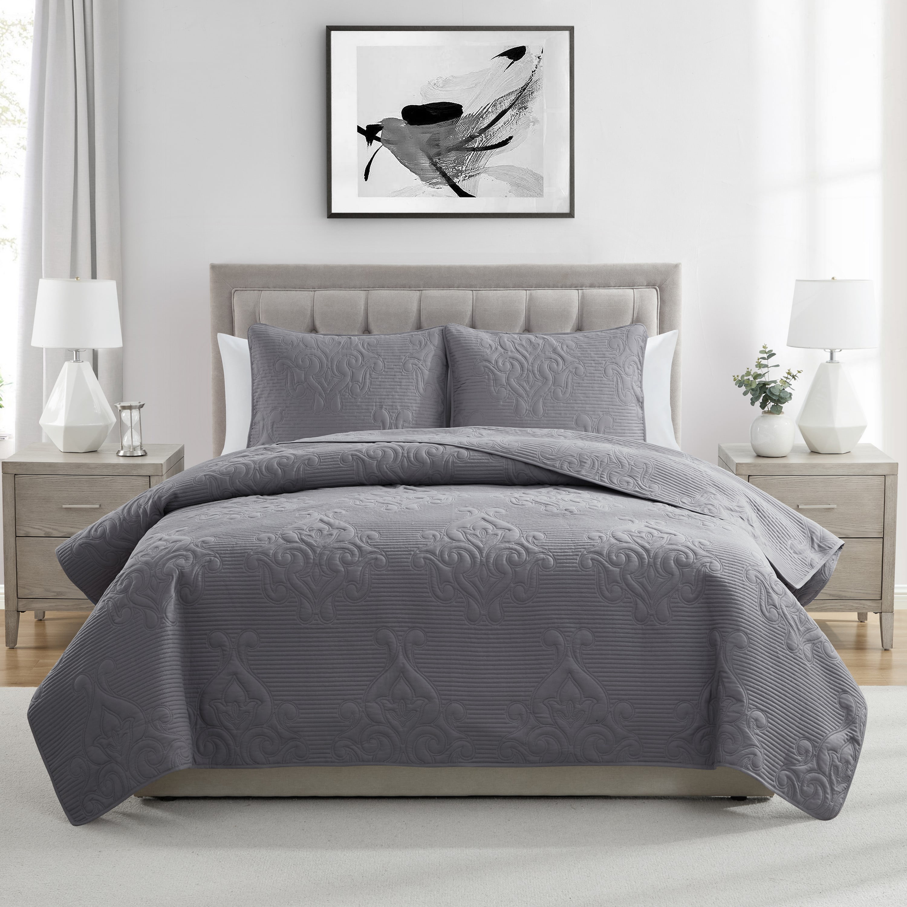 VCNY Home Solomun 3-Piece Grey Pinsonic Damask Quilt Set, King, Adult, Unisex