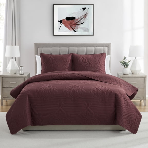 VCNY Home Solomun 3-Piece Maroon Pinsonic Damask Quilt Set, Full/Queen, Adult, Unisex
