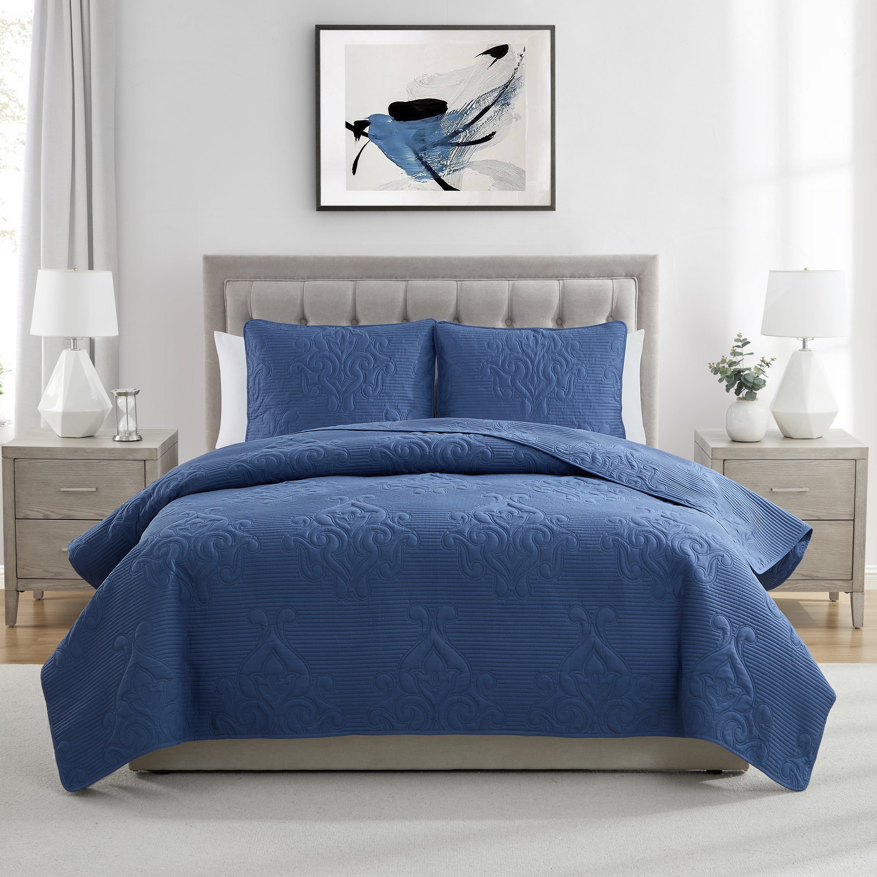 VCNY Home Solomun 3-Piece Moonlight Pinsonic Damask Quilt Set, Full/Queen, Adult, Unisex