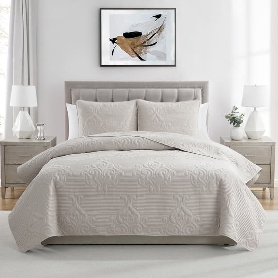 VCNY Home Solomun 3-Piece Taupe Pinsonic Damask Quilt Set, Full/Queen, Adult, Unisex