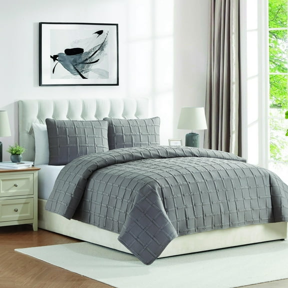 VCNY Home Square 3-Piece Dark Grey Textured Grid Pinsonic Quilt Set, Full/Queen, Adult, Unisex