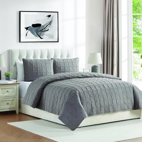 VCNY Home Square 3-Piece Dark Grey Textured Grid Pinsonic Quilt Set, King, Adult, Unisex