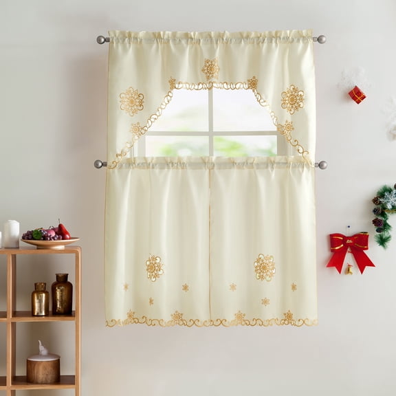 VCNY Home Starburst Christmas Embroidered Kitchen Curtain Set - Beige/Gold