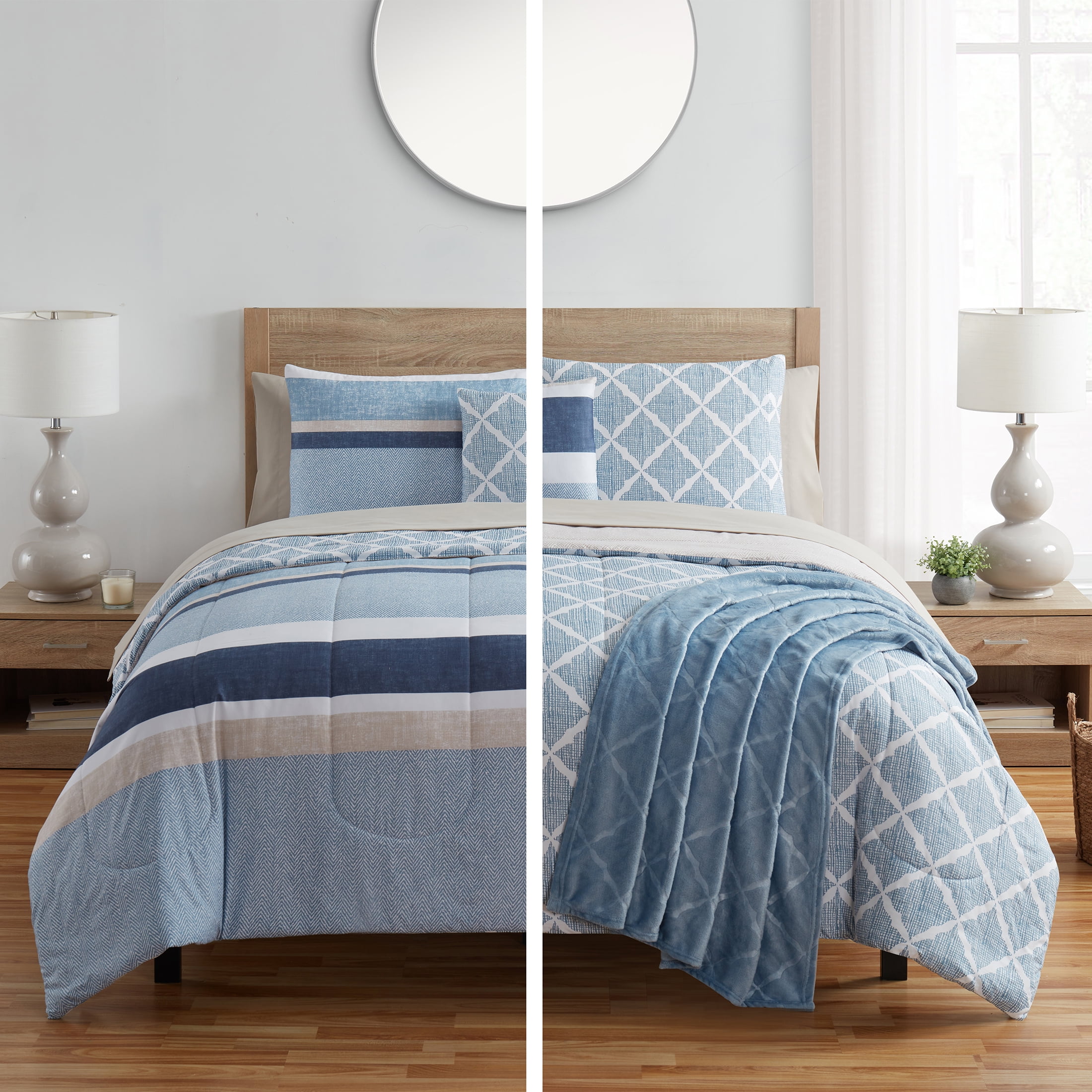 VCNY Home Stripe 9-Piece Blue/White Striped Polyester Bed in a Bag, Queen