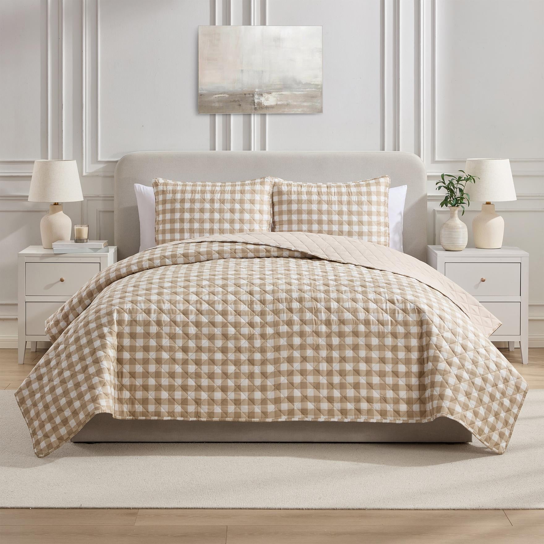 VCNY Home Taupe Gingham 2-Piece Adult Microfiber Quilt Set, Twin