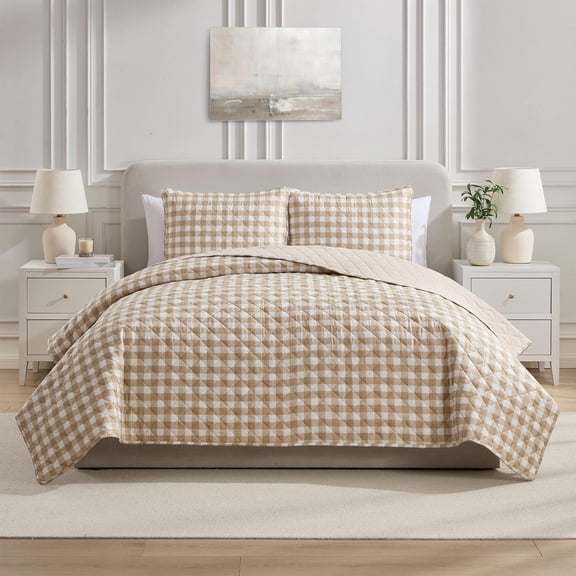 VCNY Home Taupe Gingham 3-Piece Adult Microfiber Quilt Set, King