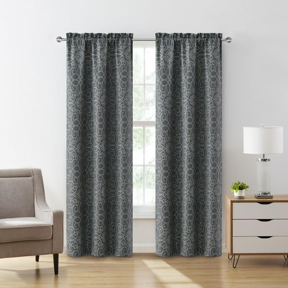VCNY Home Versailles Charcoal Grey Scroll Rod Pocket Blackout Curtain Panel, 52" x 84"
