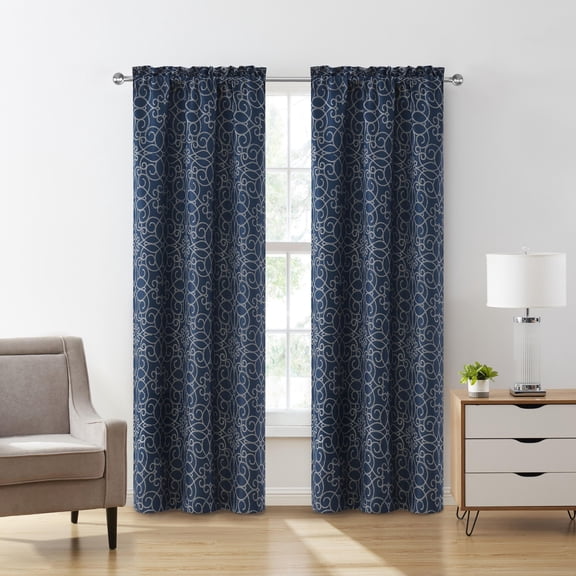 VCNY Home Versailles Navy Scroll Rod Pocket Blackout Curtain Panel, 52" x 90"