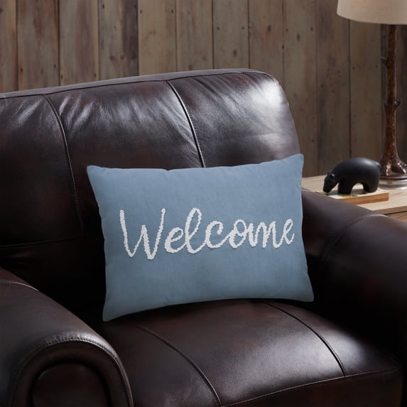 VCNY Home Welcome 14" x 20" Stone Blue Sentiment Embroidered Cotton Decorative Pillow