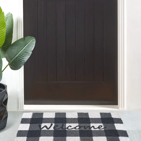 VCNY Home Welcome Checkered Natural Black Coir Outdoor Doormat, 18" x 30"