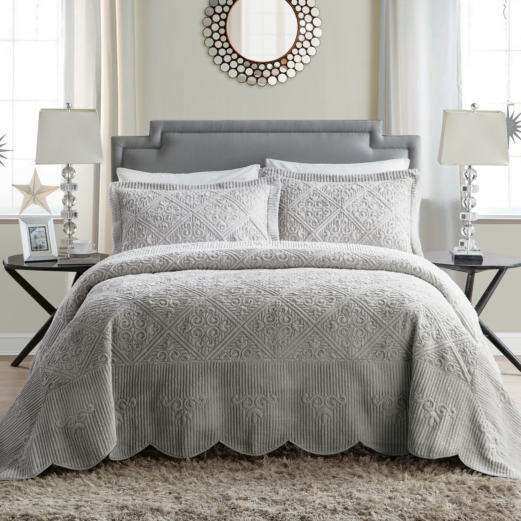 Gray Twin Microfiber Quilted Bedspread Set with Scalloped Edges