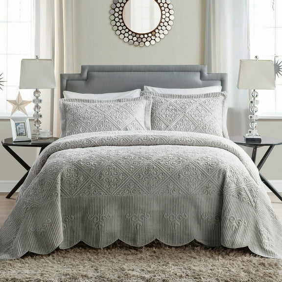 VCNY Home Westland 3-Piece Grey Solid Tile Bedspread Set, Full, Adult, Unisex