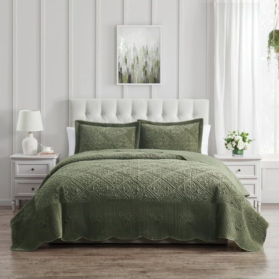 VCNY Home Westland 3-Piece Olive Moss Solid Tile Bedspread Set, Full, Adult, Unisex