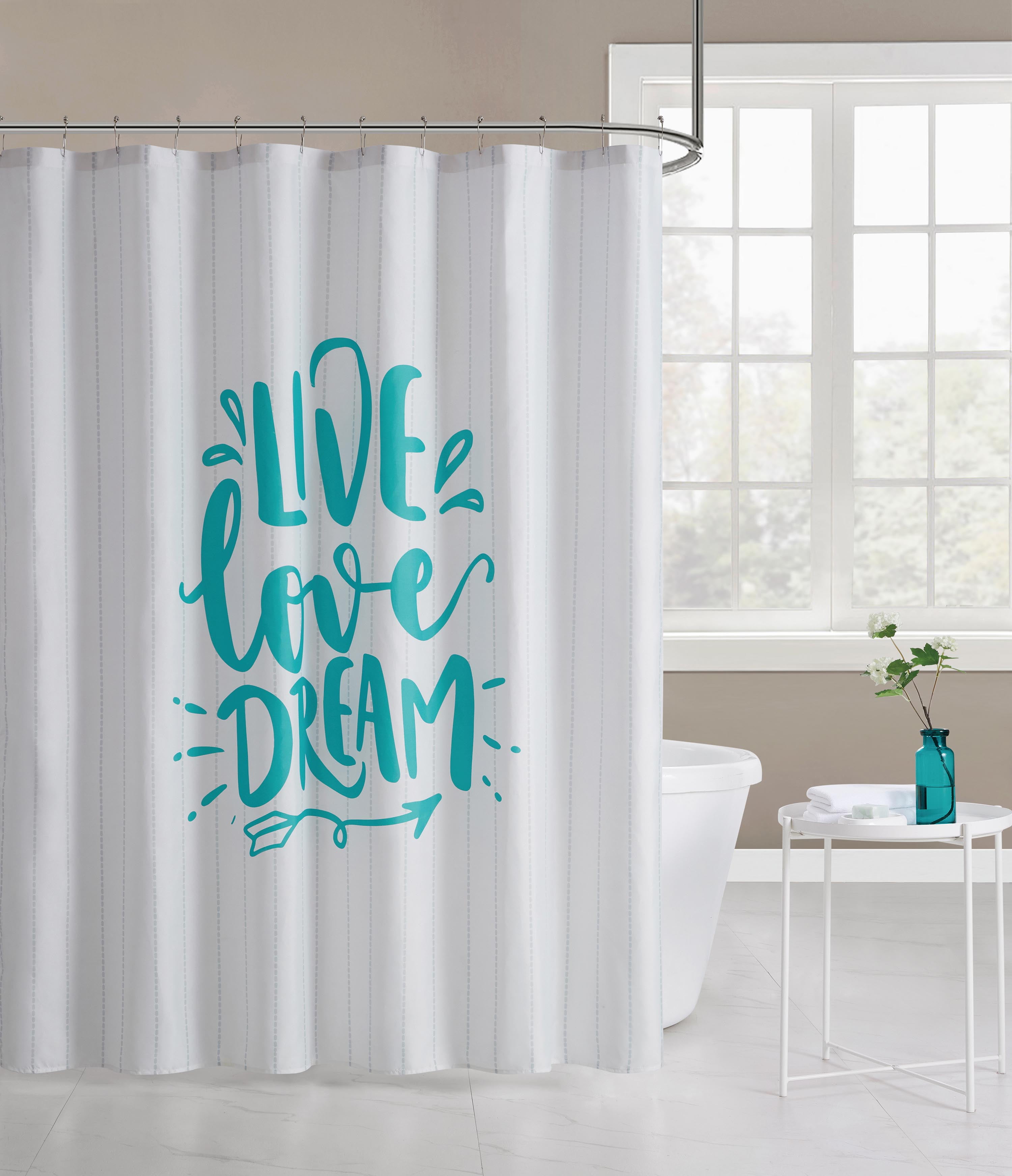 VCNY Home White/Blue Live Love Dream Typography Fabric Shower Curtain, 72" x 72"